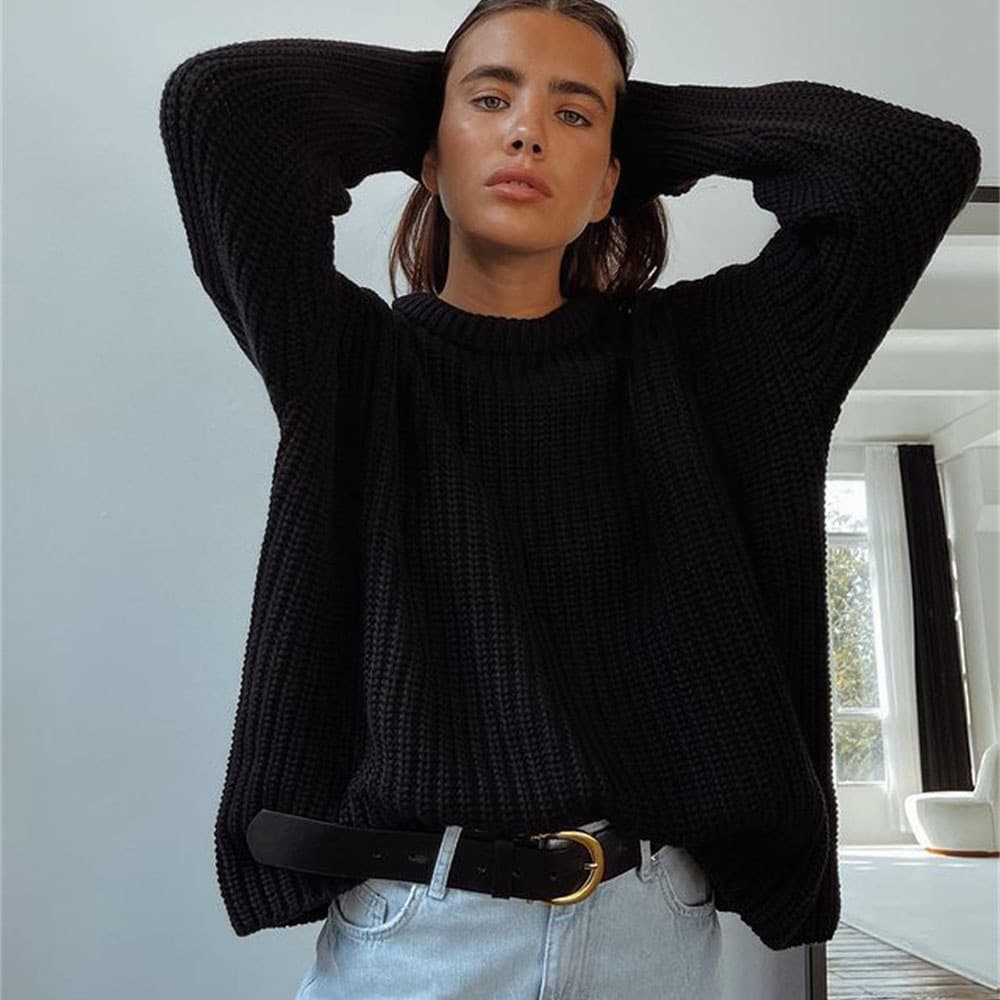 Loose-fit Crew-neck Solid-color Long-sleeve Knit Cardigan view 3